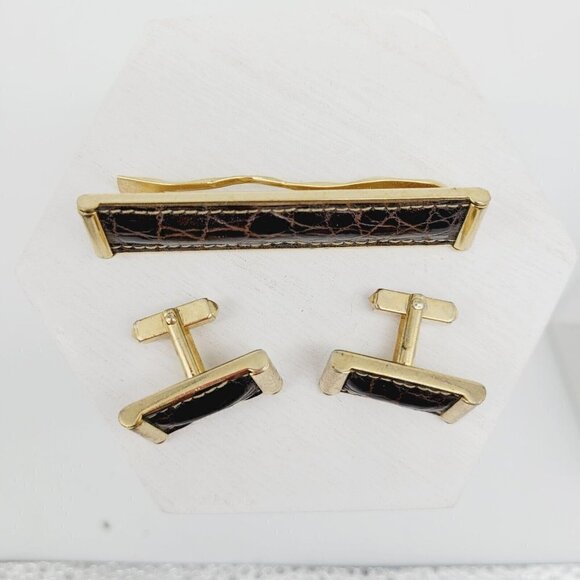 Vintage Anson Leather Tie Clip & Cufflinks Set Gold Tone Snakeskin Pattern VGC - Picture 2 of 7